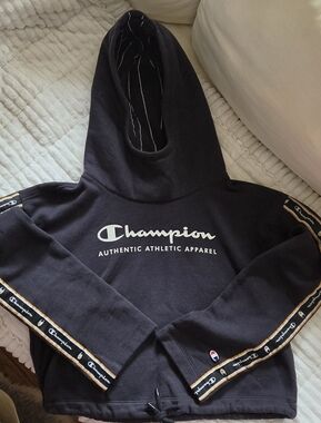 Champion Cropped Funnel Neck Hoodie Black Logo Tape Cinch Hem Size Small